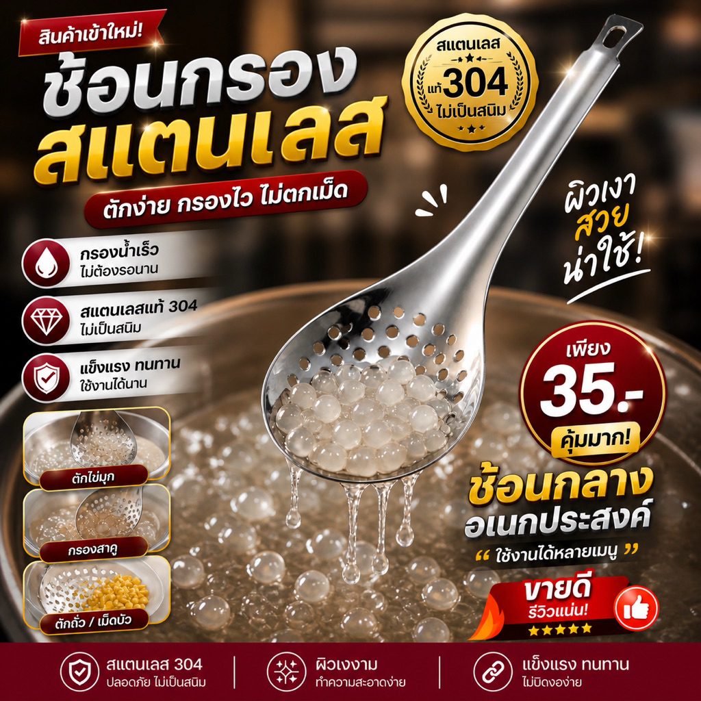 ช้อนกลางเจาะรู สแตนเลส เกรด 304-W9506