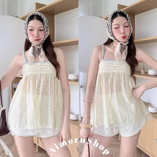 🔥aimorn_shop🔥 เสื้อสายเดี่ยวมินิเดรส งานน่ารักสุดๆ แต่สายเดี่ยวสไตล์เกาหลี เดินขอบลูกไม้ชายเสื้อสวยมาก