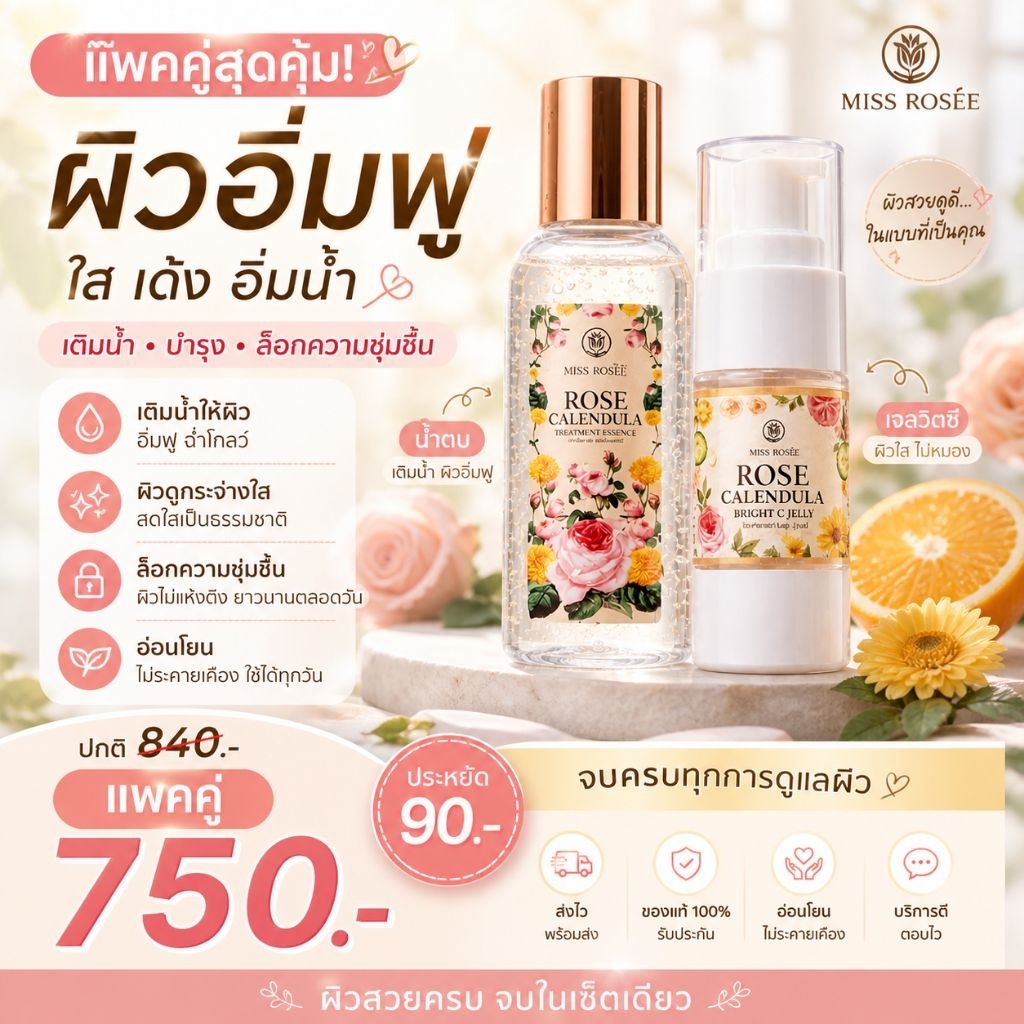 เซ็ตผิวอิ่มน้ำ ดูสดใส (น้ำตบกุหลาบ + Bright C Jelly)