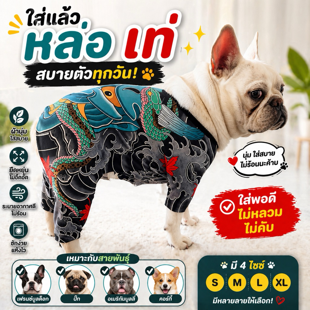 เสื้อผ้าสุนัข เสื้อผ้าแมว แบบจั๊มสูท ลายมังกร ใส่แล้วหล่อ เท่ ใส่พอดี ไม่อึดอัด 🇹🇭สินค้าพร้อมส่ง🇹🇭
