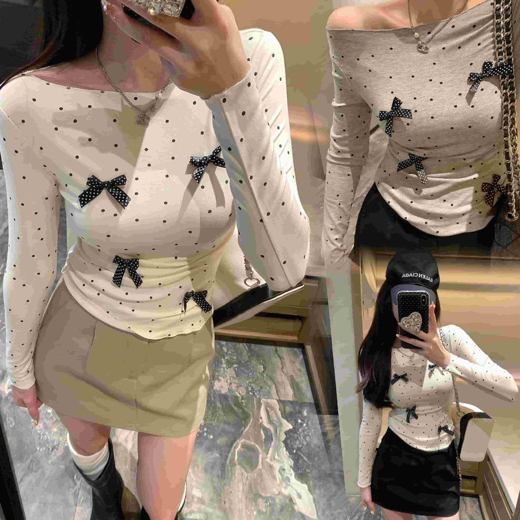 เสื้อยืดแขนลูกไม้ลายจุดสีแอปริคอทสไตล์ฝรั่งเศสอ่อนโยนผู้หญิง=สไตล์ฤดูใบไม้ผลิโดยเฉพาะอย่างยิ่งเสื้อด้านล่างรัดคอเอว,K14