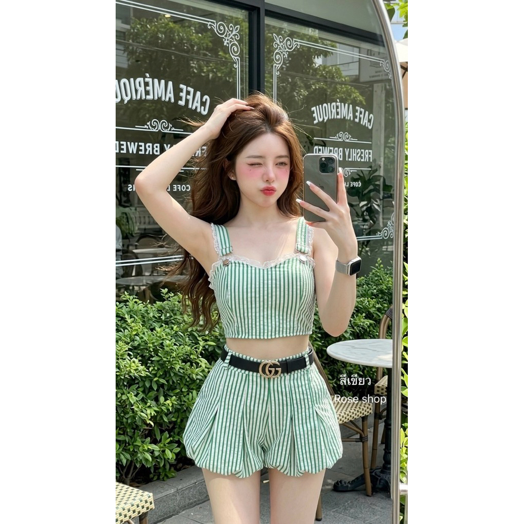 Phapassz - Set3ชิ้น เสื้อเอี๊ยม มาพร้อมกางเกงทรงบอลลูน ผ้าย่นมีซับใน แถมเข็มขัดแบรนด์ดัง เกรดพรีเมี่ยม #Roseshop