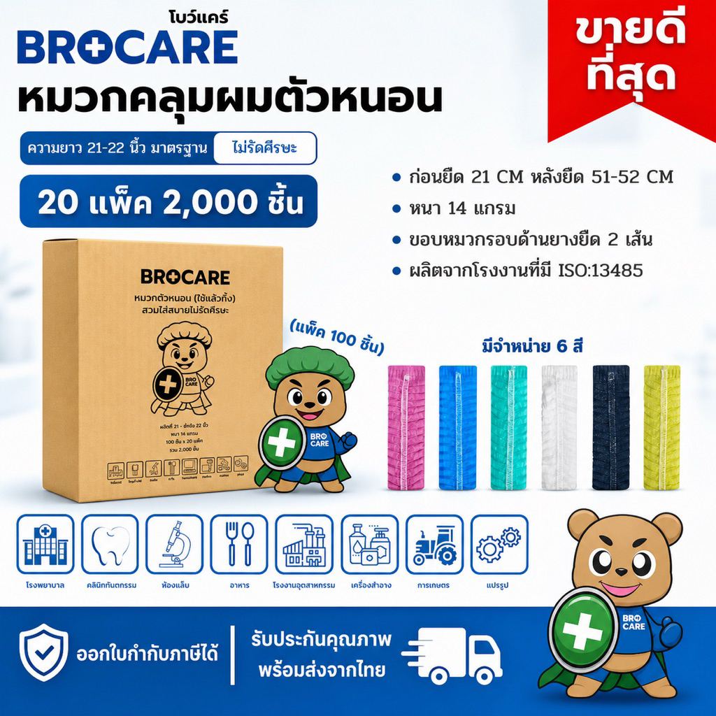 หมวกตัวหนอนใช้แล้วทิ้ง ยกลังใหญ่📦(2,000ชิ้น = 20 แพ็ค) แพ็ค 100ชิ้นสะอาด ปลอดภัย พร้อมส่งจากไทย
