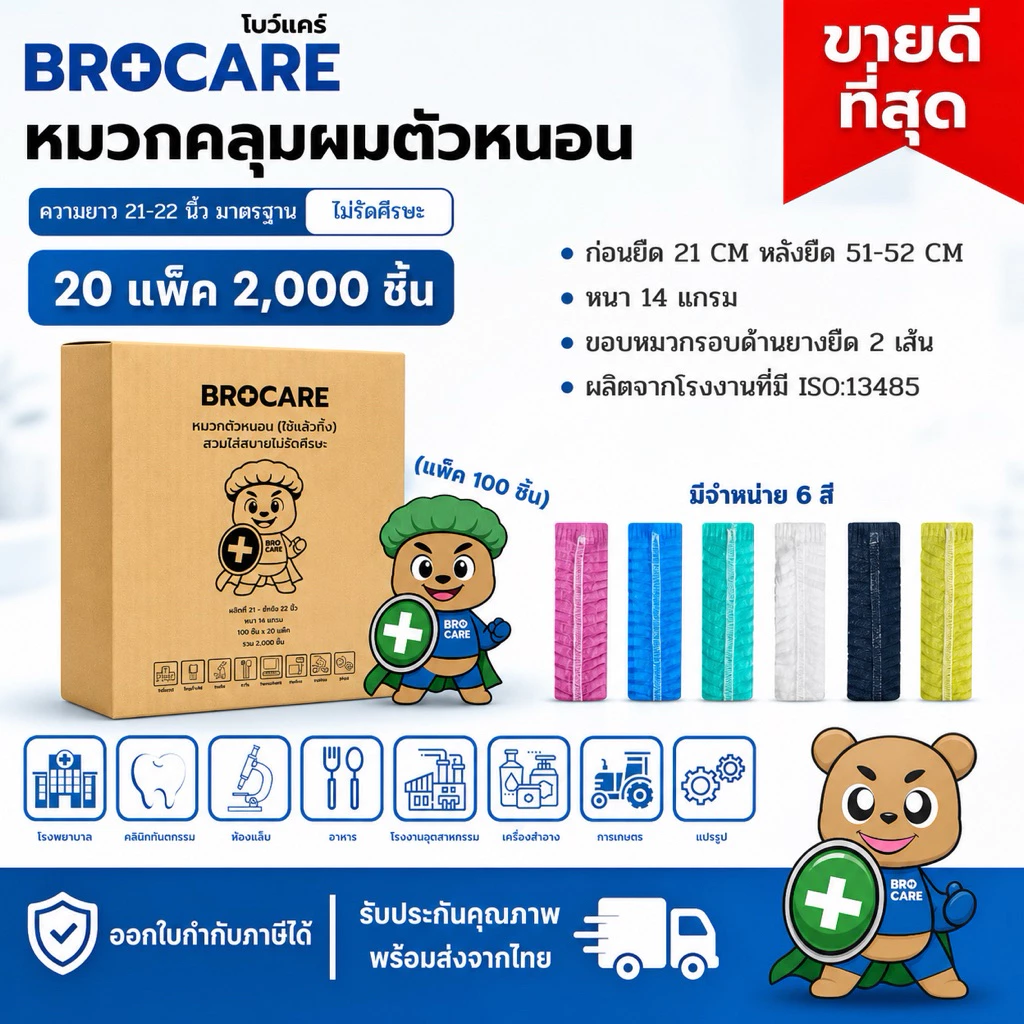 หมวกตัวหนอนใช้แล้วทิ้ง ยกลังใหญ่📦(2,000ชิ้น = 20 แพ็ค) แพ็ค 100ชิ้นสะอาด ปลอดภัย พร้อมส่งจากไทย