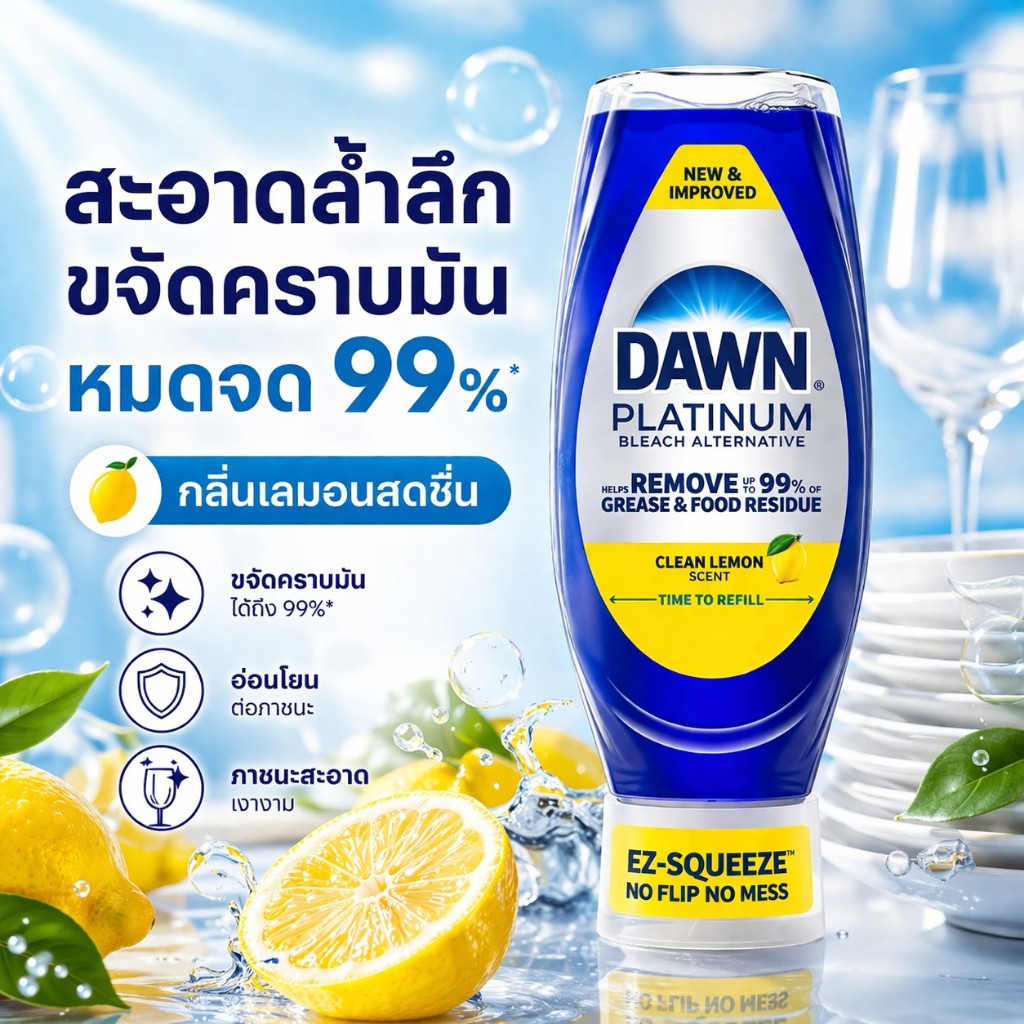 Dawn Platinum EZ Squueze Dish Soap น้ำยาล้างจาน กลิ่น Clean Lemon ขจัดคราบฆ่าเชื้อแบคทีเรียบนฟองน้ำ 