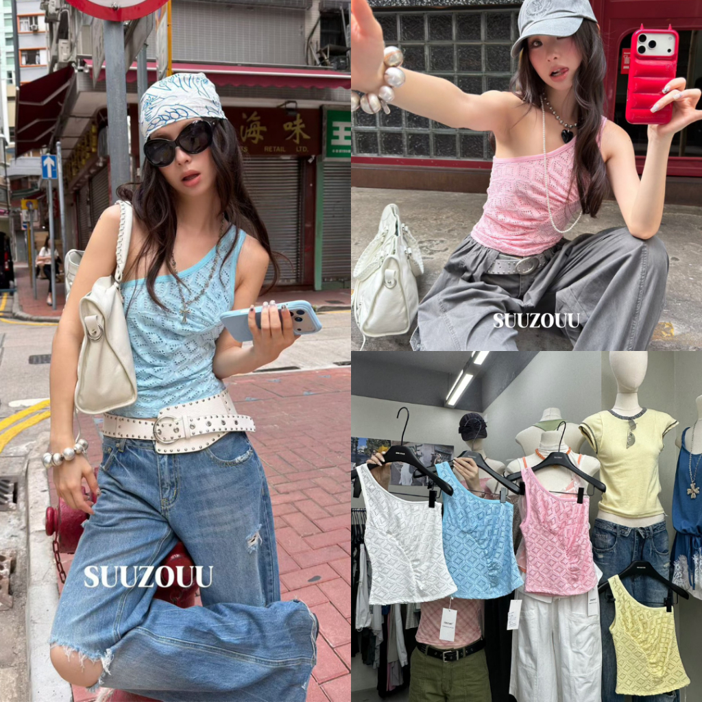 SUUZOUU.DL SU285 เสื้อปาดไหล่ ผ้าฉลุ  ผ้าดีใส่สบาย สีสวย