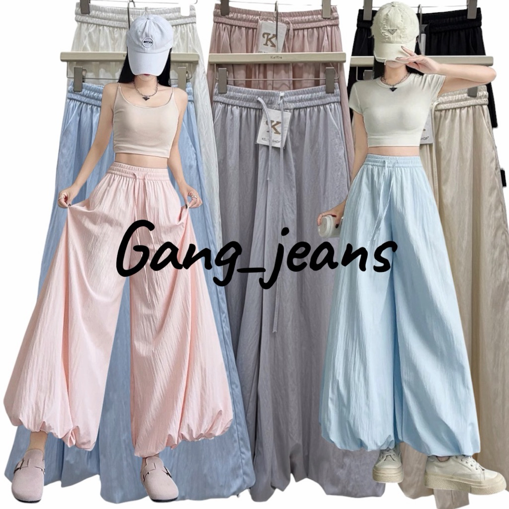 Gang_jeans#9511(K)กางเกงผ้าร่มขายาว เอวยางยืด ทรงหลวม มินิมอล ใส่สบาย ระบายอากาศดี