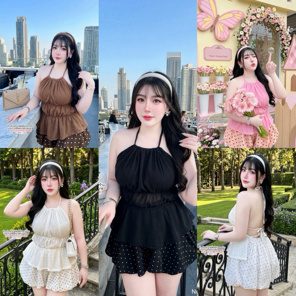 PS-S3S1💕 เซ็ตชีฟองโชว์หลังกางเกงบอลลูน ชุดเซ็ต 2 ชิ้น เสื้อเว้าหลัง ช่วงคอ สายปรับรูดได้ อกผ้า2ชั้น