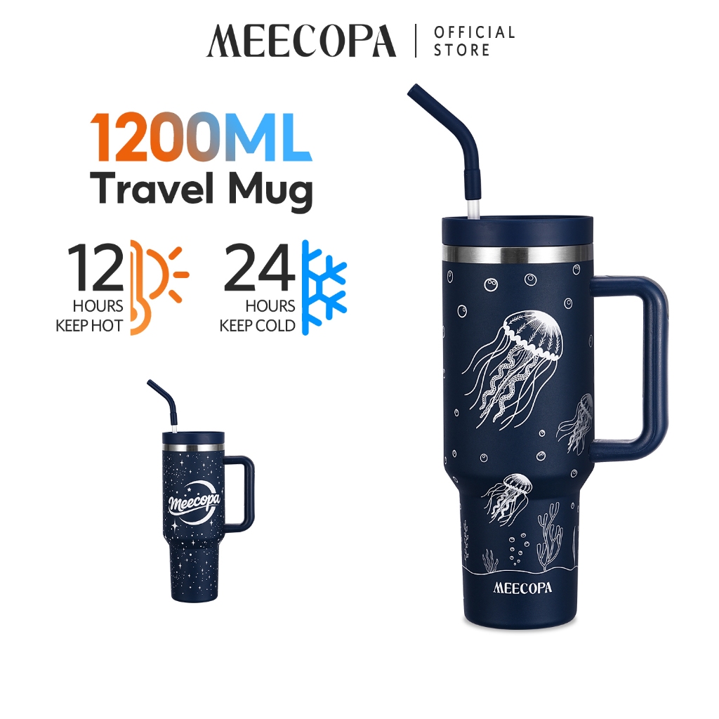 MEECOPA กระบอกน้ำเก็บอุณหภูมิ 1200ML สแตนเลส304 พร้อมหลอดซิลิโคน มีหูจับ การออกแบบที่ส่องสว่าง ใส่ที่วางแก้วในรถได้