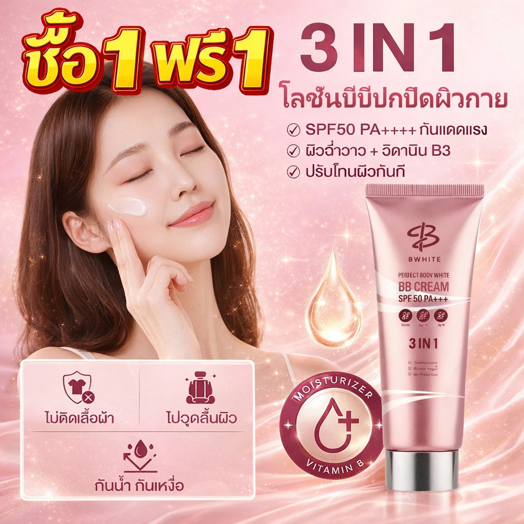 ซื้อ1แถม1🔥BB Cream บีบีครีมผิวกาย 3IN1 SPF50 PA+++ กันแดด ปรับสีผิว ชุ่มชื้น ไม่ติดเสื้อผ้า B WHITE
