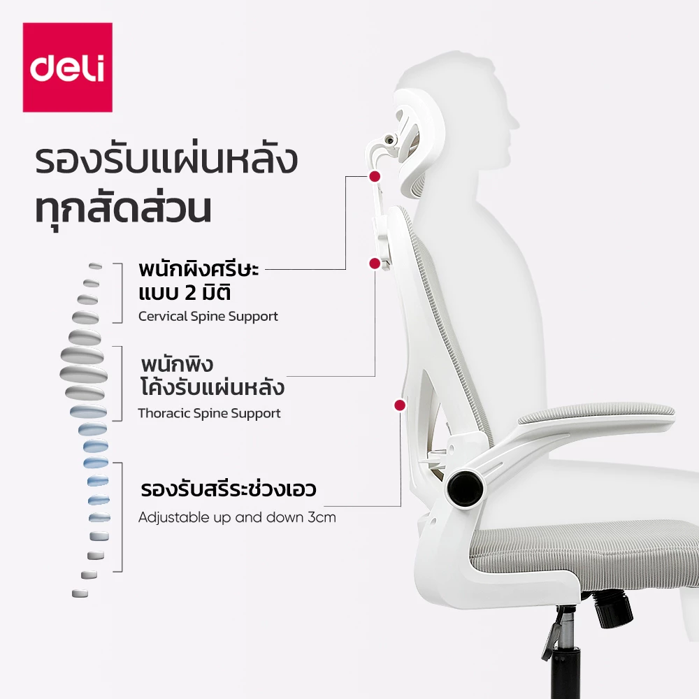 Deli เก้าอี้ทำงาน เก้าอี้สำนักงาน เพื่อสุขภาพ พนักพิงศีรษะ ปรับสูงต่ำ อุปกรณ์สำนักงาน Office Chair thumbnail 4