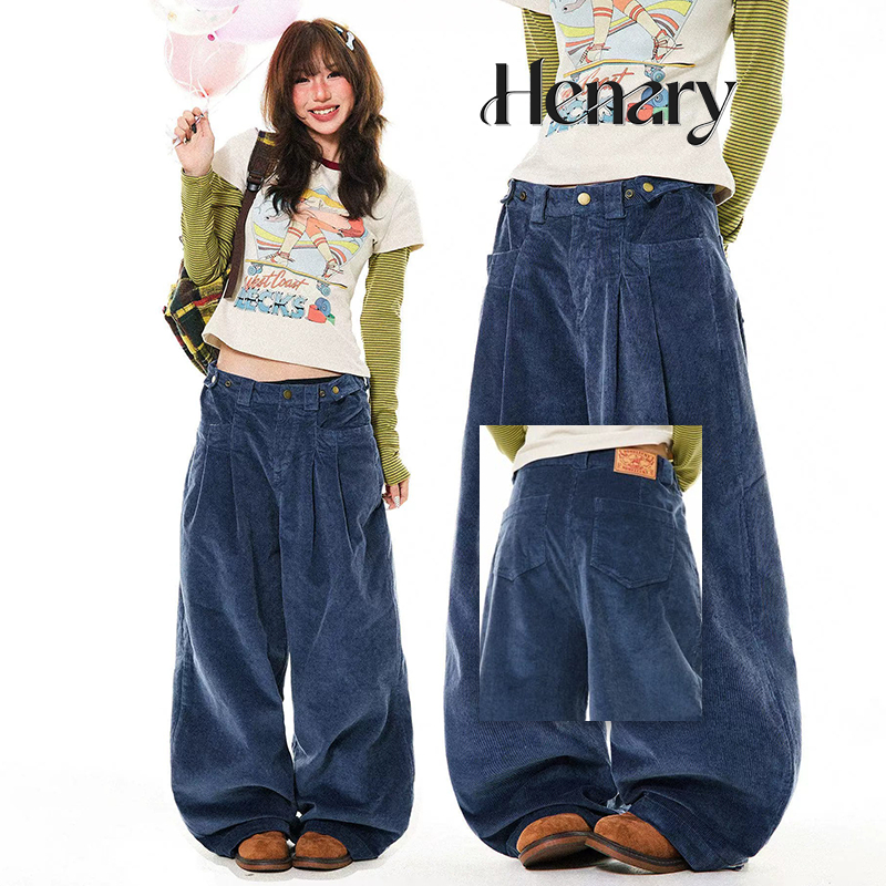 【มีของพร้อมส่ง】HENARY กางเกงผ้าคอร์ดุรอยสีน้ำเงินเข้ม ทรงขากว้างพับหน้า เอวปรับได้ Unisex สไตล์วินเท