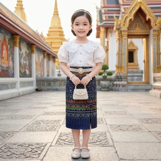 ชุดไทยเด็ก รุ่นเช็ตเสื้อครอปคอบัว+ผ้าถุงผ้าฝ้ายสำเร็จรูป
