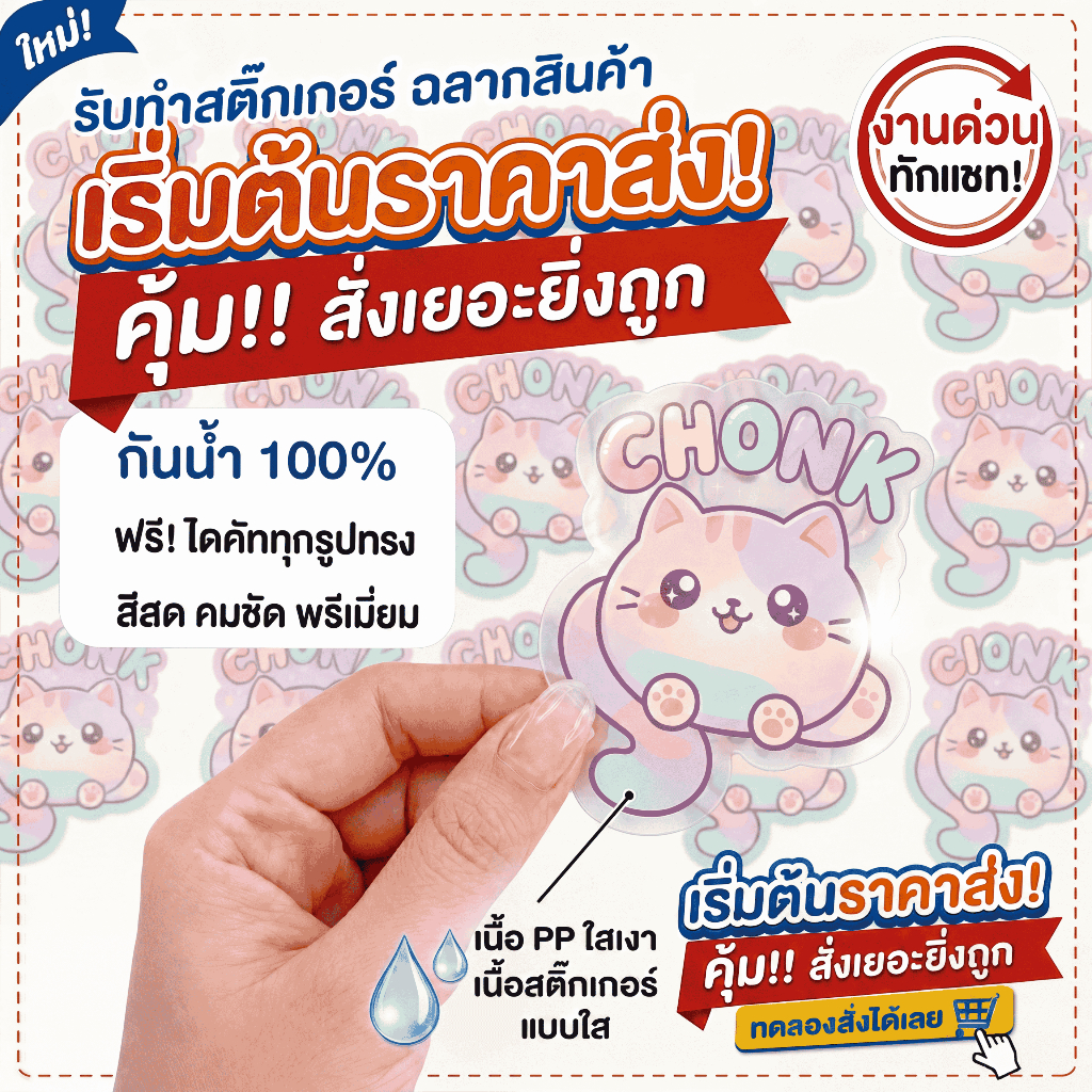 ขายส่ง ฉลากสินค้า สติ๊กเกอร์ใส PP กันน้ำ 100% ไดคัทโลโก้ ขนาด A3 ราคาโรงงาน