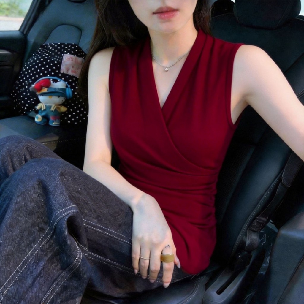 เสื้อกล้ามผู้หญิงคอวี สีแดง ดีไซน์เก๋ รุ่นใหม่ฤดูร้อน ใส่สวย ถ่ายรูปขึ้น แมทช์ง่าย สไตล์แฟชั่น