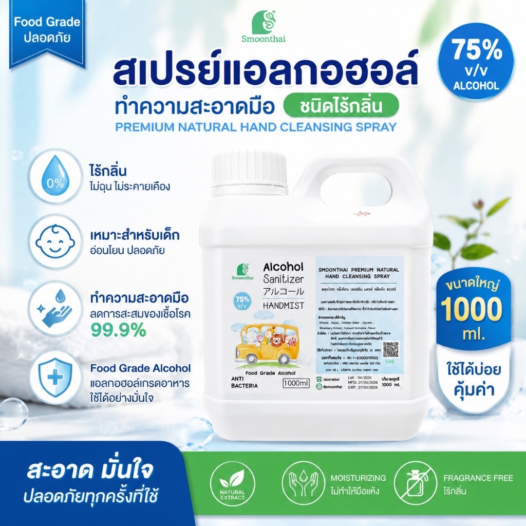 สเปรย์แอลกอฮอล์ เหมาะสำหรับเด็ก ไม่ขมมือ Smoothai สมุนไทย  ชนิดน้ำ 1,000ml (1 ลิตร) เลือกกลิ่นได้