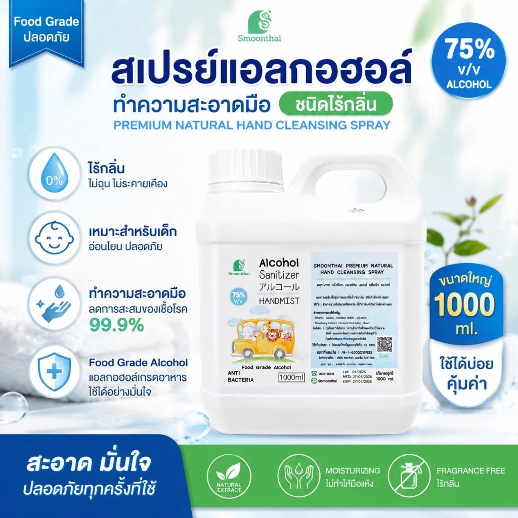 สเปรย์แอลกอฮอล์ เหมาะสำหรับเด็ก ไม่ขมมือ Smoothai สมุนไทย ชนิดน้ำ 1,000ml (1 ลิตร) เลือกกลิ่นได้
