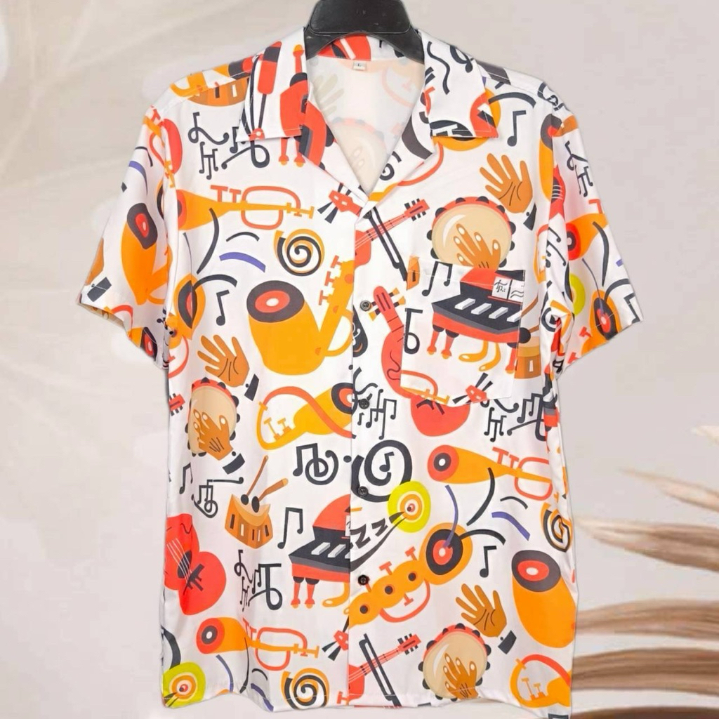 เสื้อเชิ้ตฮาวาย ลายดนตรีมินิมอล (พื้นสีขาว) ผ้าไหมอิตาลี อก 38-52 นิ้ว ไซส์ M-3XL