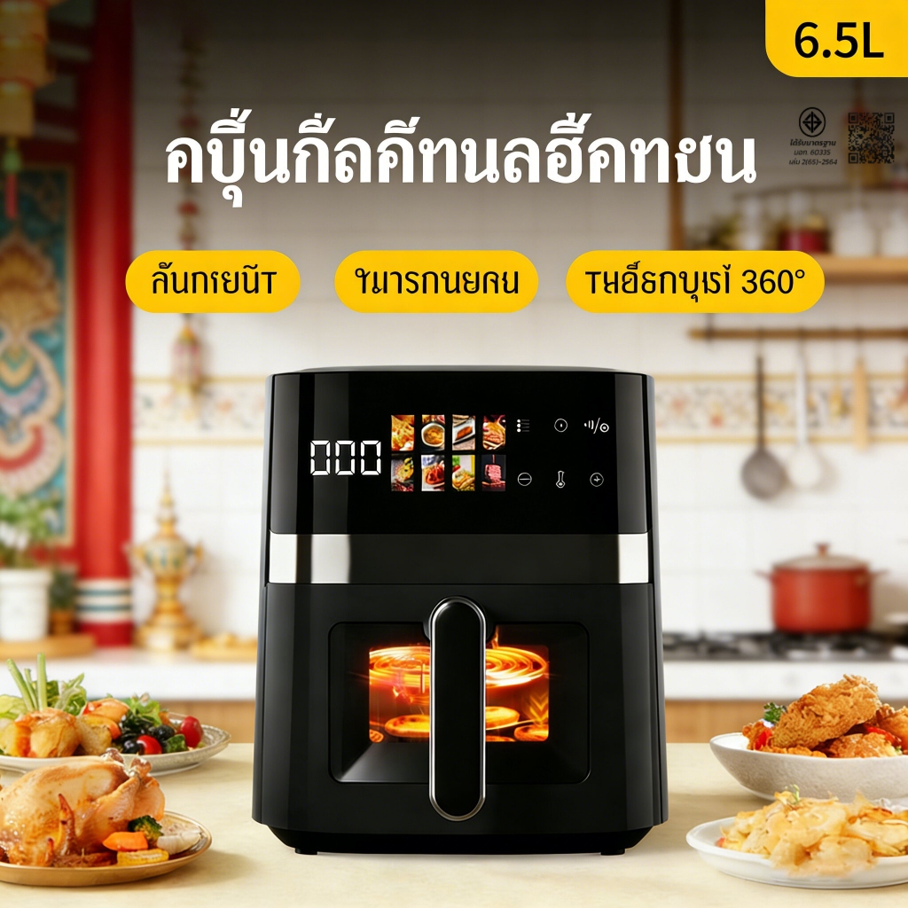 รับประกัน 3ปี Air Fryer หม้อทอดไร้น้ำมัน 8Lความจุขนาดใหญ่ หมุนเวียนลมร้อน 360°แบบ3D หน้าต่างโปร่งใส ทอดเร็ว ไม่ใช้น้ำม