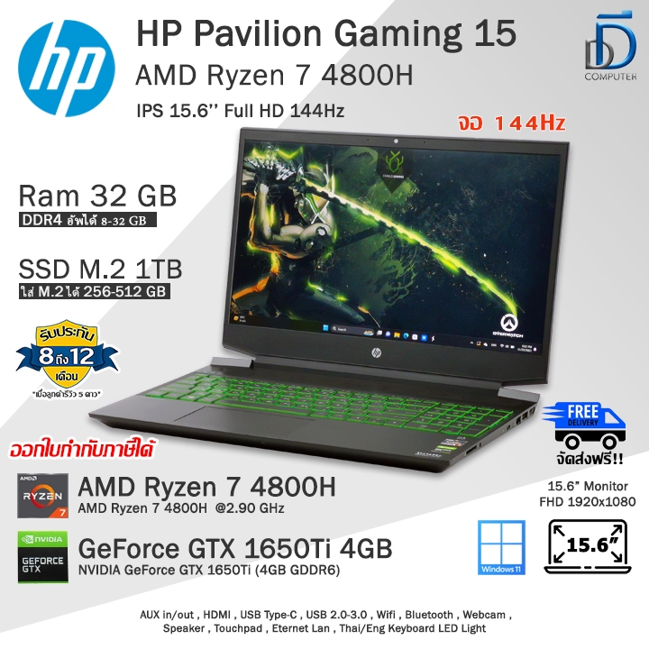 HP Pavilion Gaming 15 Ryzen7-4800H การ์ดจอGTX1650Ti-4GB เล่นเกมลื่นๆ คอมพิวเตอร์โน๊ตบุ๊คมือสองสภาพดี
