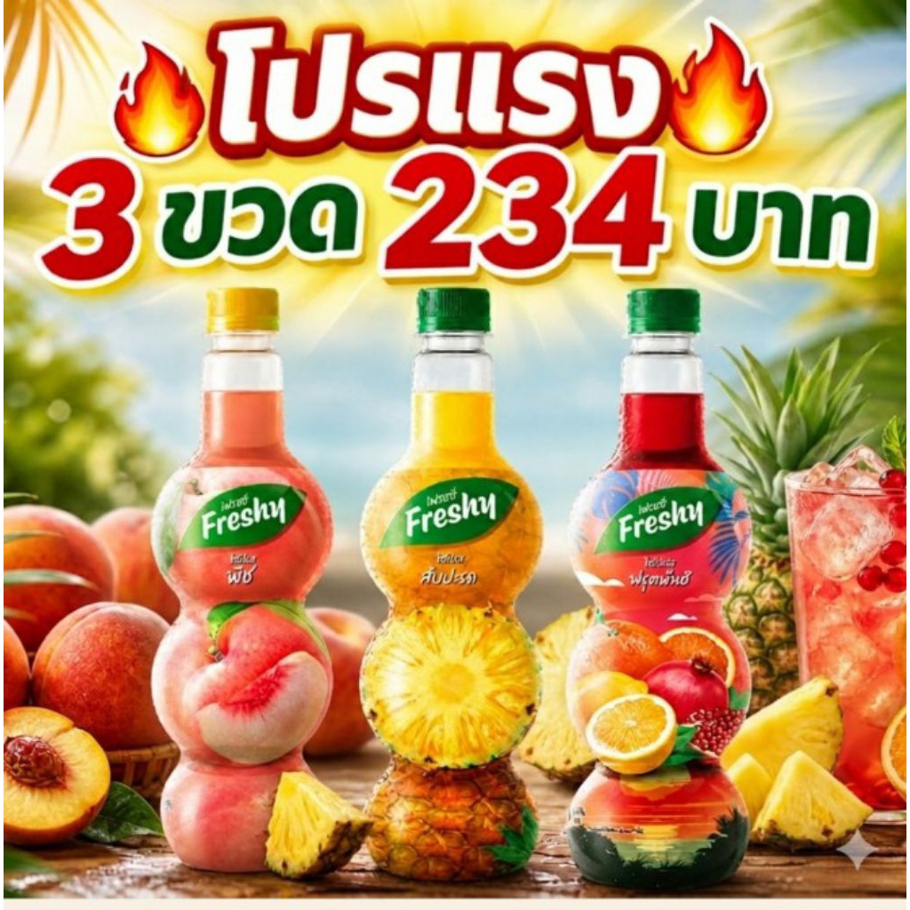 เฟรชชี่ไซรัป โปร 3 ขวด 234 บาท น้ำผลไม้ 1 ขวด 710 มล.