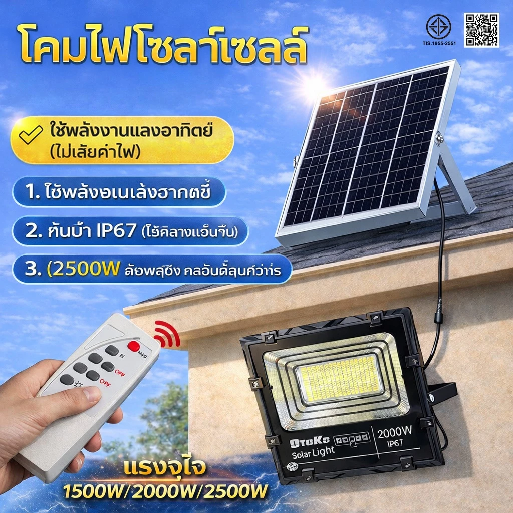 1500W 2000W 2500Wโคมไฟพลังงานแสงอาทิตย์ โคมไฟโซล่าเซลล์ สปอร์ตไลท์โซล่าเซลล์ Solar Light หลอดไฟLED Solar Cell แสงสีขาว