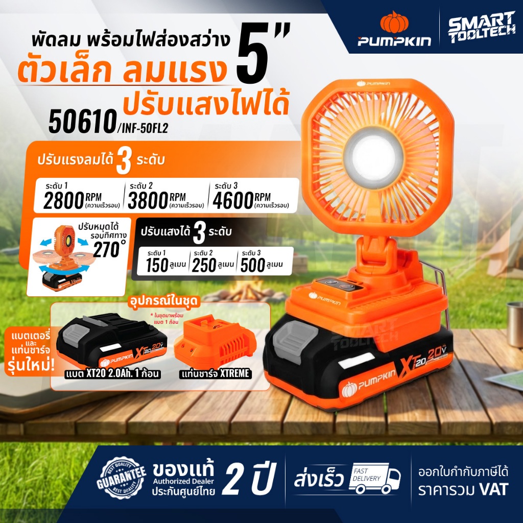 🔥รุ่นใหม่ปี2026 ส่งด่วน🔥 พัดลมไร้สาย 5" Pumpkin 50609 50610 พัดลมแบตเตอรี่ พัดลมพกพา พัดลมจิ๋ว พัดลม