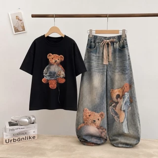 AY279 ชุดเซ็ตเด็กผู้หญิง เสื้อยืดหมี + กางเกงยีนส์ขายาวทรงกระบอก