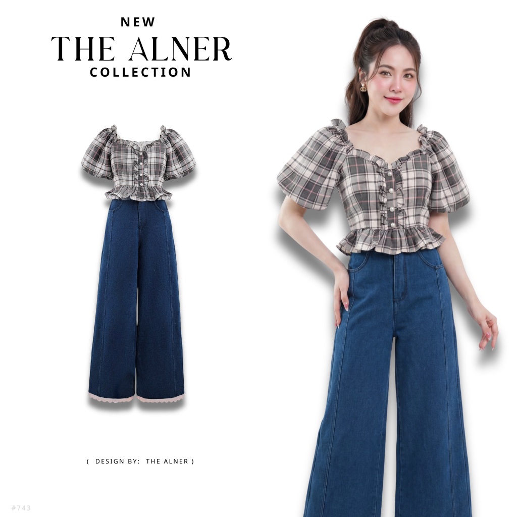 Thealner-AN743  เซตเสื้อเทาลายตารางแขนตุ๊กตากางเกงยีนส์ขายาว