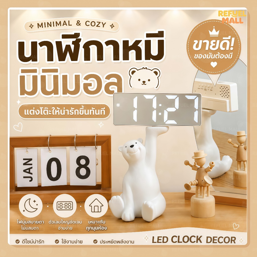 🐻นาฬิการูปหมี🐻 ตกแต่งรูปหมี นาฬิกาดิจิทัลสมาร์ทตั้งโต๊ะ สำหรับห้องนั่งเล่น ห้องนอน นาฬิกาอิเล็กทรอนิกส์ตั้งโต๊ะ