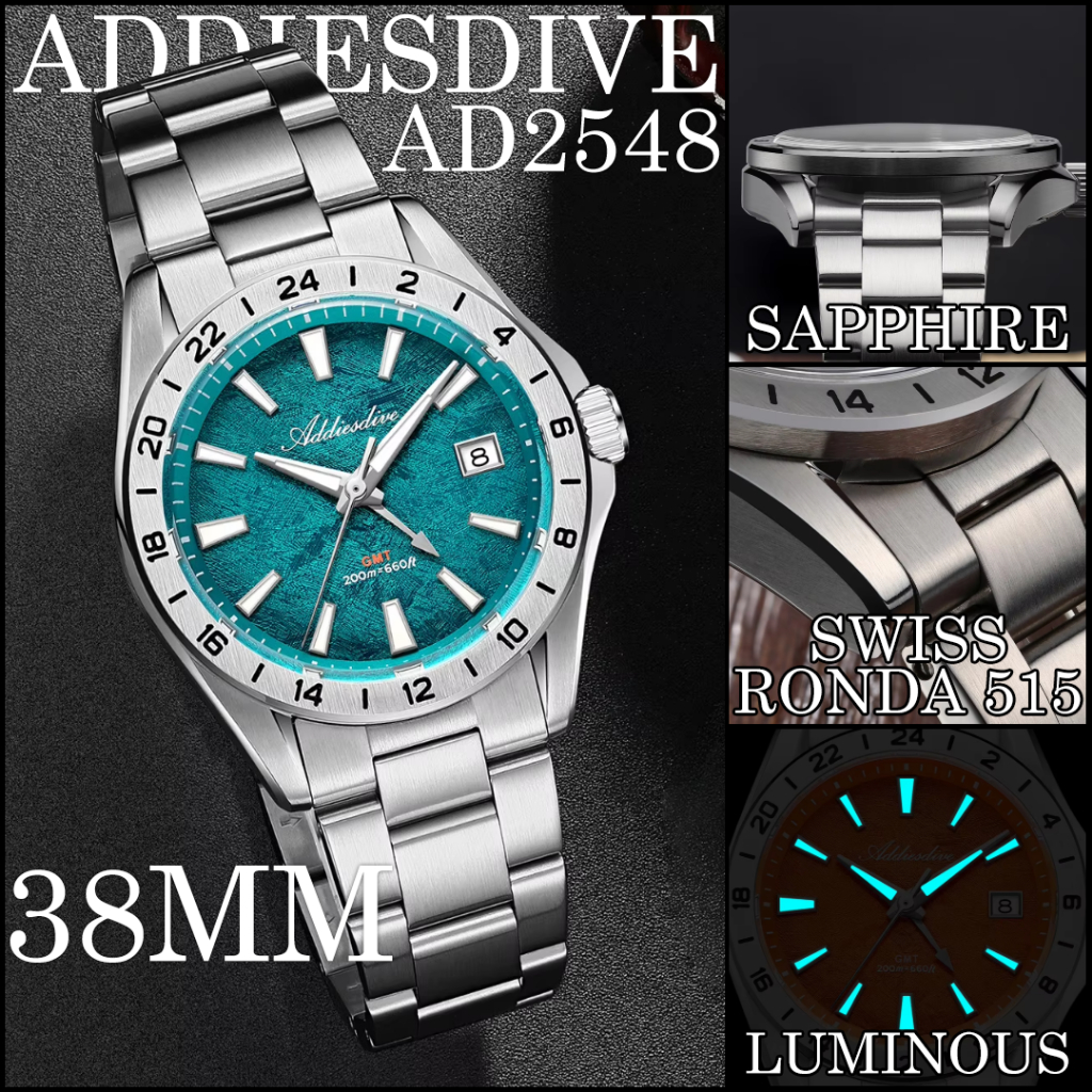 [Pre-order][ควอตซ์] ADDIESDIVE AD2548 GMT Watch 39MM Sapphire Swiss Ronda 515 นาฬิกา GMT