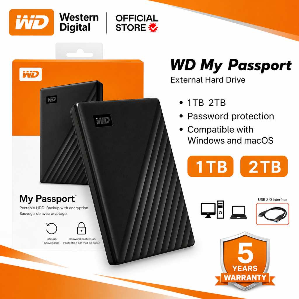 Western Digital External Harddisk WD HDD 1TB 2TB USB3.0 Portable Storage Hard Drive รุ่น My Passport ฮาร์ดดิสก์ภายนอก