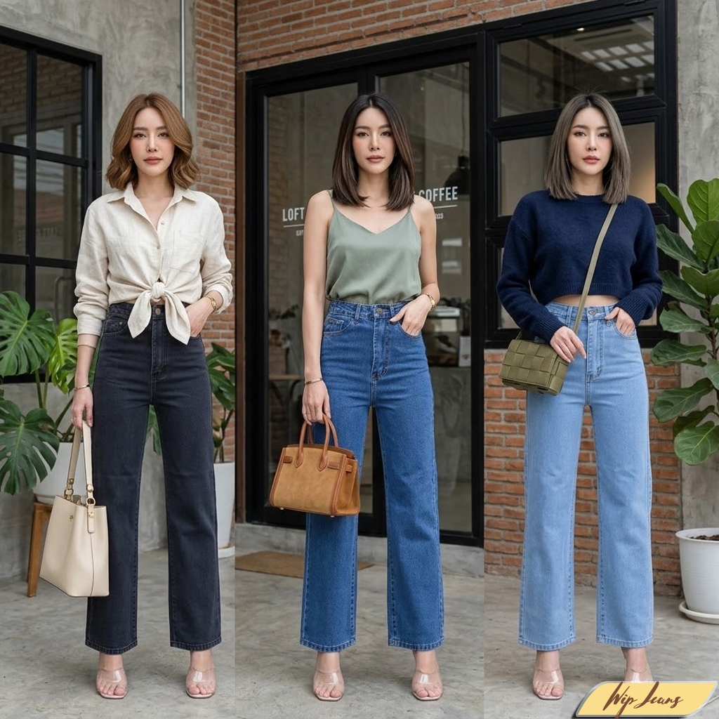 กางเกงยีนส์ทรงกระบอกใหญ่เอวสูง ปลายขาปล่อย ผ้าไม่ยืด ทรงสวย เก็บหุ่น ใส่แล้วดูสูงเพรียวCK14