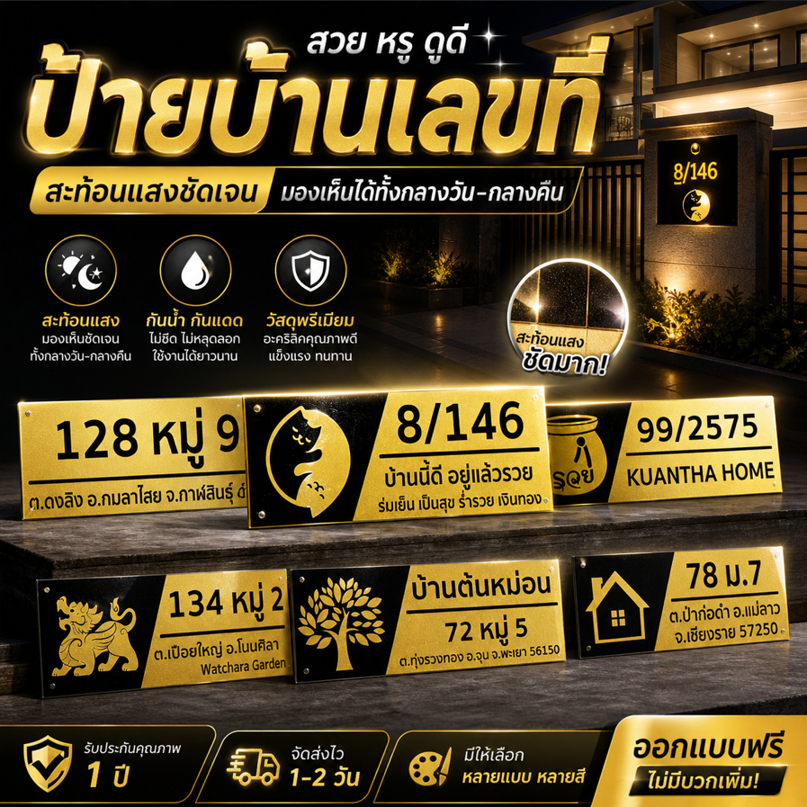 ✨มีเก็บปลายทาง ส่งฟรี!!!  🥰ป้ายบ้านเลขที่ สะท้อนแสงสีทอง มงคล เลือกโลโก้ได้