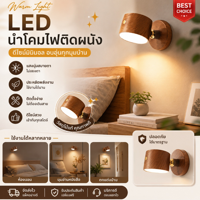 โคมไฟติดผนัง ไม่ต้องเจาะรู ทำด้วยไม้ การชาร์จ USB แสงสีขาว การหมุน360° โคมไฟข้างเตียงไฟกลางคืน