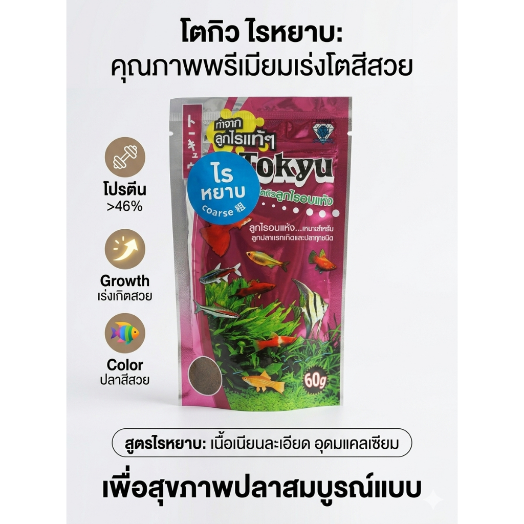 (แบบหยาบ)Tokyu ลูกไรอบแดง โปรตีนสูง 46% สำหรับปลาบอลลูน ปลาหางนกยูง ปลากัด และปลาเล็ก (60g)