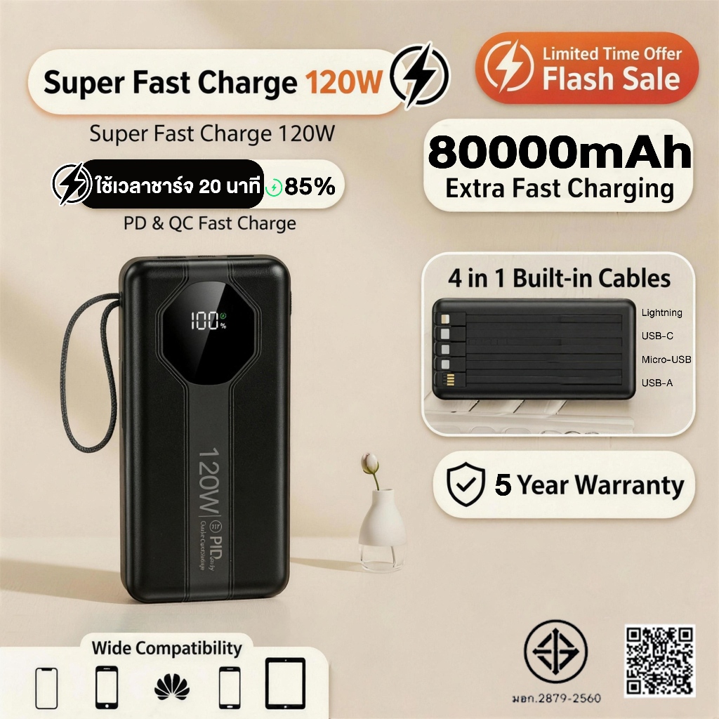 ชาร์จเร็ว 120W powerbank 80000mah Type-c / IP ความจุใหญ่  มีสายในตัว 4 เส้น มีไฟฉายภายในตัว พาวเวอร์แบงค์ เพาเวอร์แบงค์