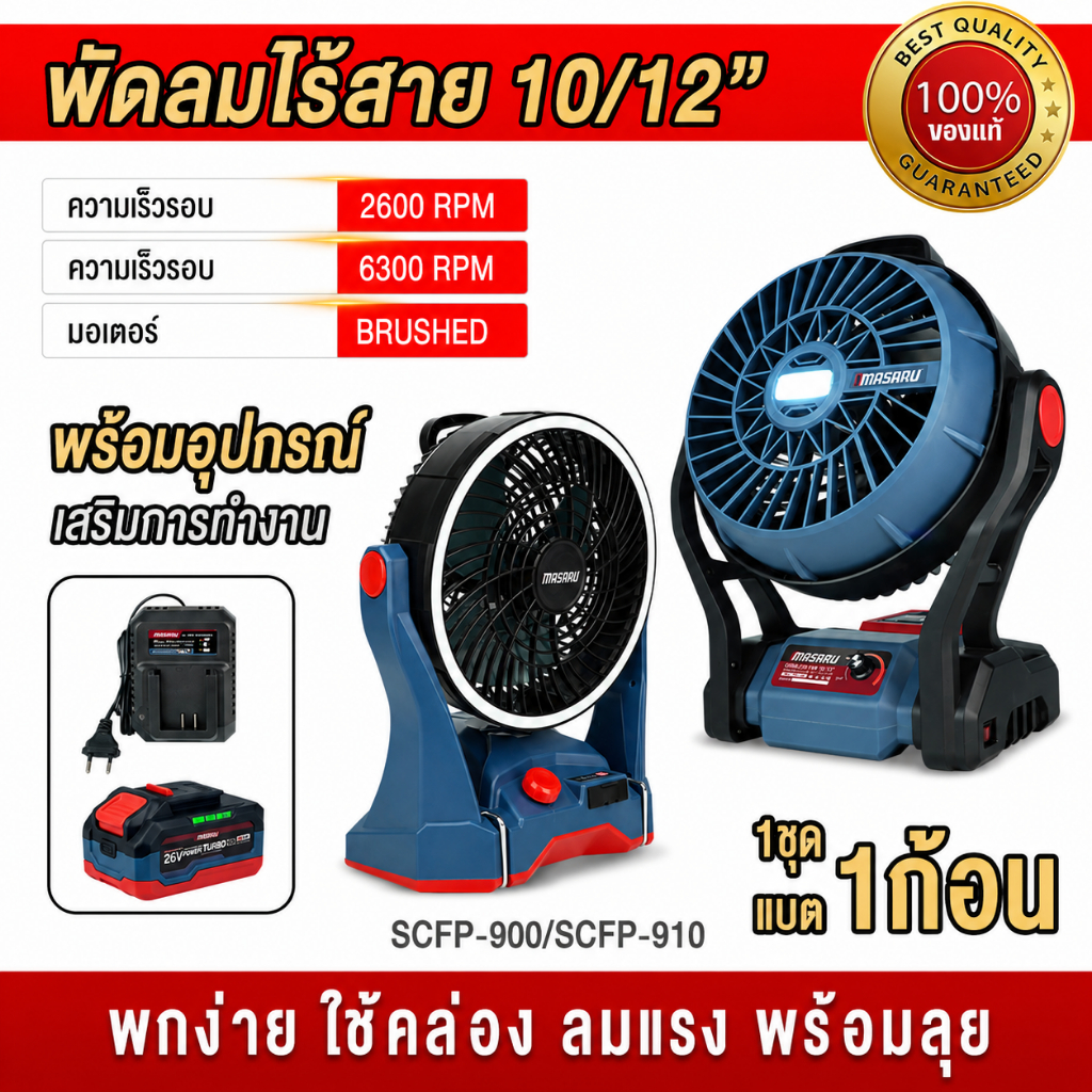 ถูกสุด MASARU พัดลมไร้สาย SCFP-900 SCFP-910 10/12 นิ้ว พัดลม พัดลมตั้งโต๊ะ พัดลมแคมป์ ประกัน 1 ปี