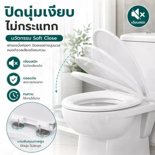 H105-ฝารองนั่งชักโครกทรง V-Shape ฝาชักโครก Soft Close เปิด-ปิดนุ่มนวล ไร้เสียงกระแทก วัสดุ PP หนาพิเศษ (อุปกรณ์ครบชุด)