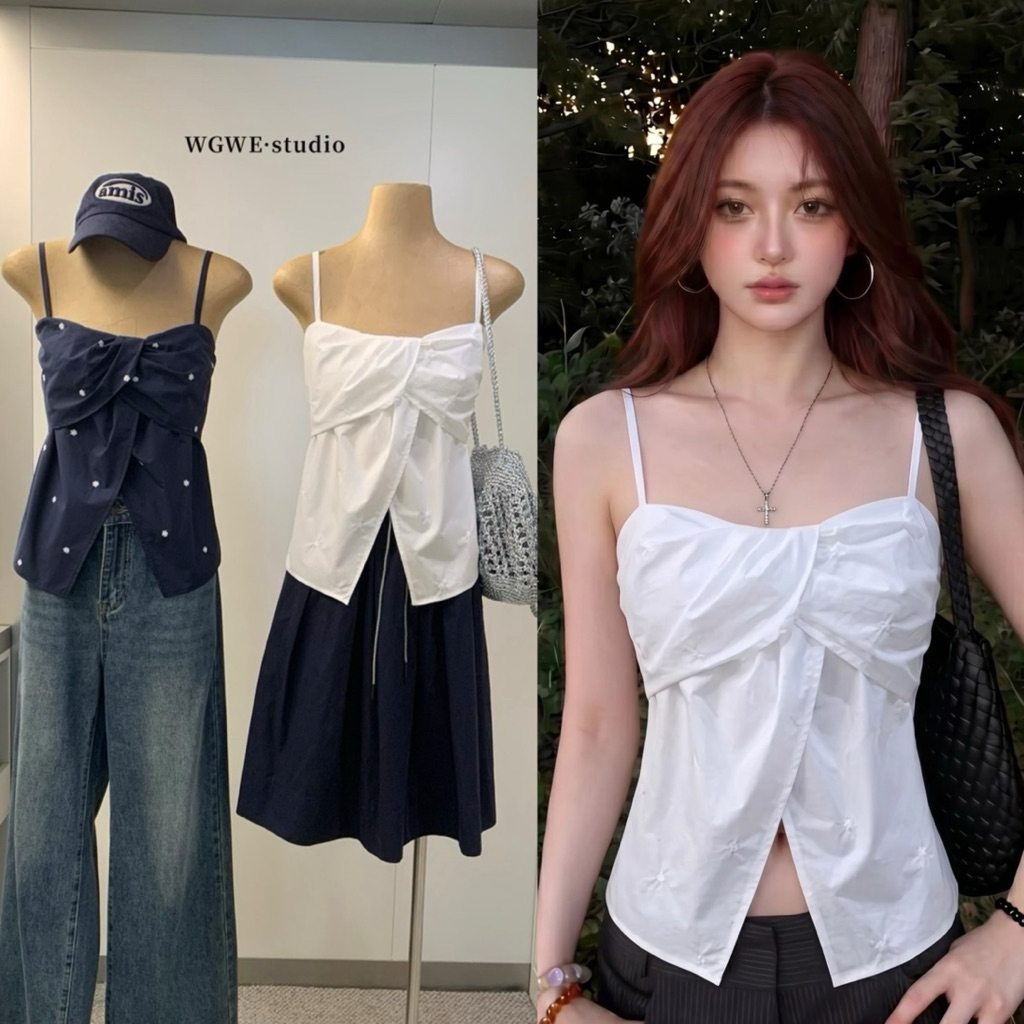 9295#เสื้อสายเดี่ยวสายปรับได้ ปักลายดอก หลังสมอค เนื้อผ้าดี ทรงสวย ดีไซน์เว้าช่วงเอว  TAG:WG.WE 🇰🇷