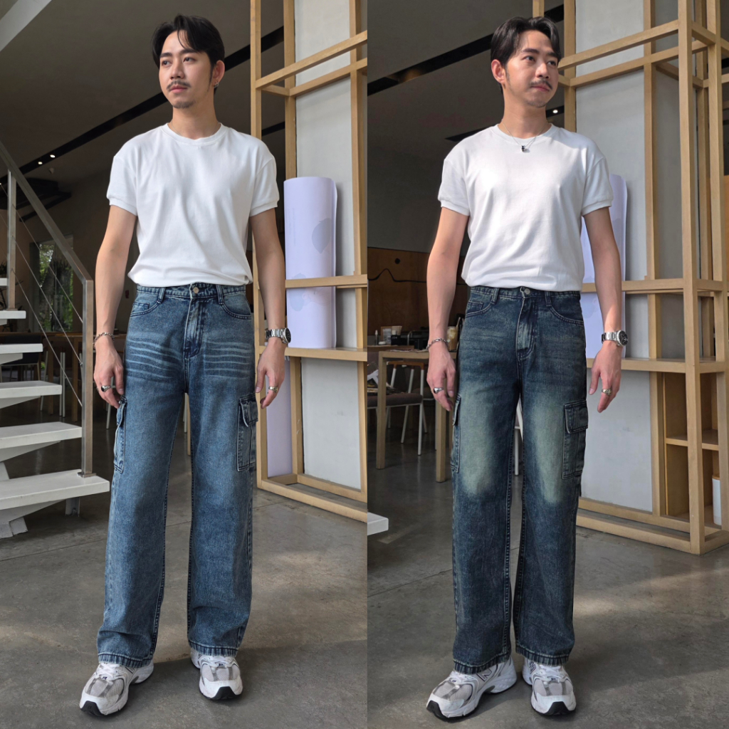 กางเกงยีนส์คาร์โก้ผู้ชายทรงตรง Premium Cargo Denim – ยีนส์ฟอกวินเทจ ทรงสวย ใส่แล้วดูสูง