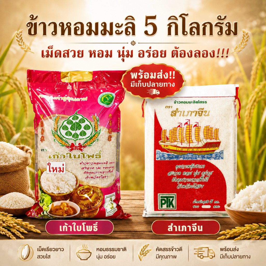 พร้อมส่ง++ ข้าว ข้าวสาร ข้าวหอมมะลิ 100% ตราเก้าใบโพธิ์&สำเภาจีน 5 กิโลกรัม เม็ดสวย หอม อร่อย ต้องลอง🎋