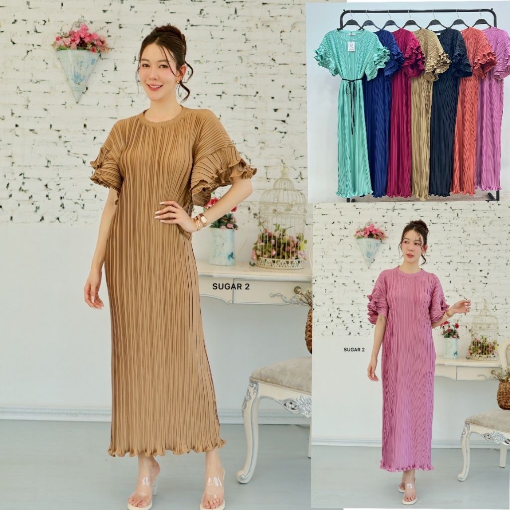 📌เดรสผ้าอัดพลีททวิต คอกลมแขน2ชั้น ขนาดฟรีไซส์ อก42-60” ยาว50“