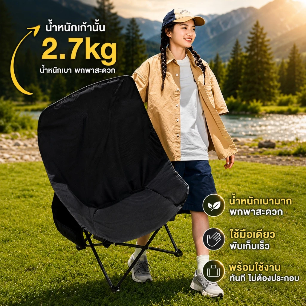 1FREE1 เก้าอี้แคมป์ปิ้ง พนักพิงสูง เก้าอี้สนาม พับได้ แบบพกพา ปิคนิค แถมถุงเก็บ รับน้ำหนัก 300KG thumbnail 4