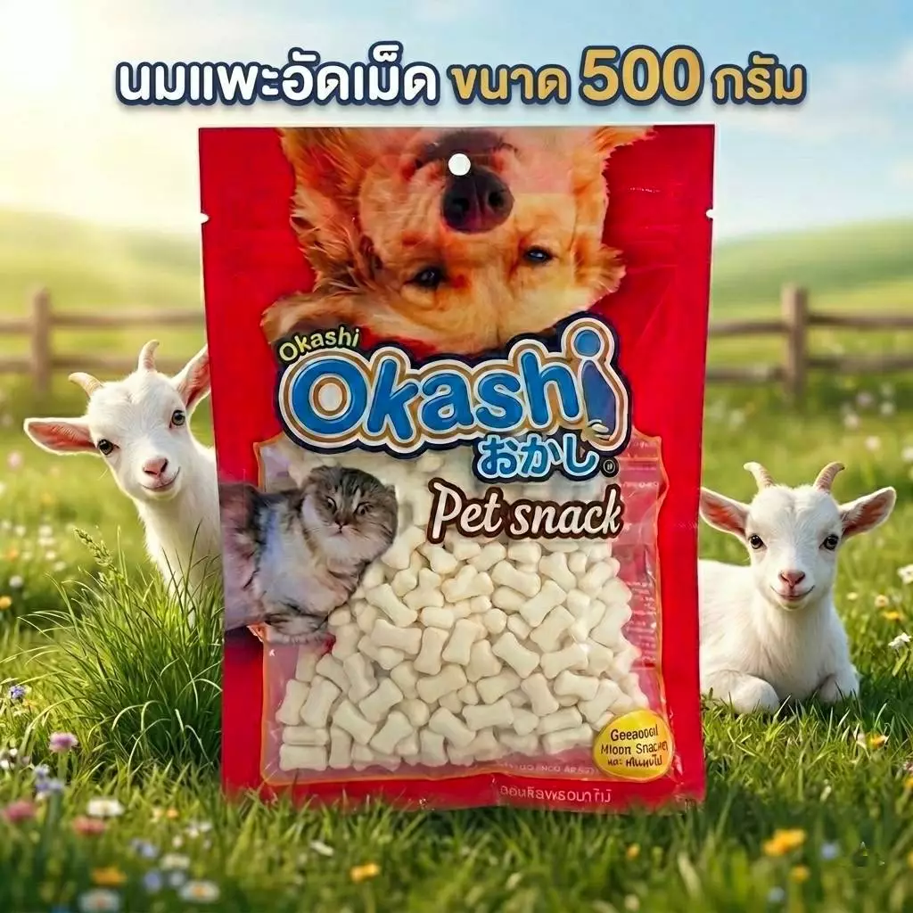 OKASHI โอคาชิ (นมแพะอัดเม็ด ถุงซิป 500 กรัม) สําหรับสุนัข อายุ 1 ปีขึ้นไป