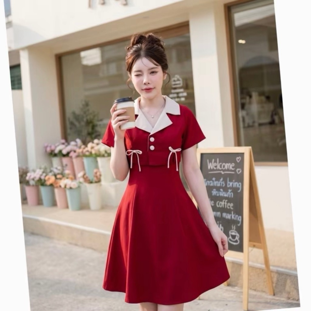 D69 เดรสปกทูโทนแต่งโบว์ มีไซส์S-3XL ความยาว33-34นิ้ว