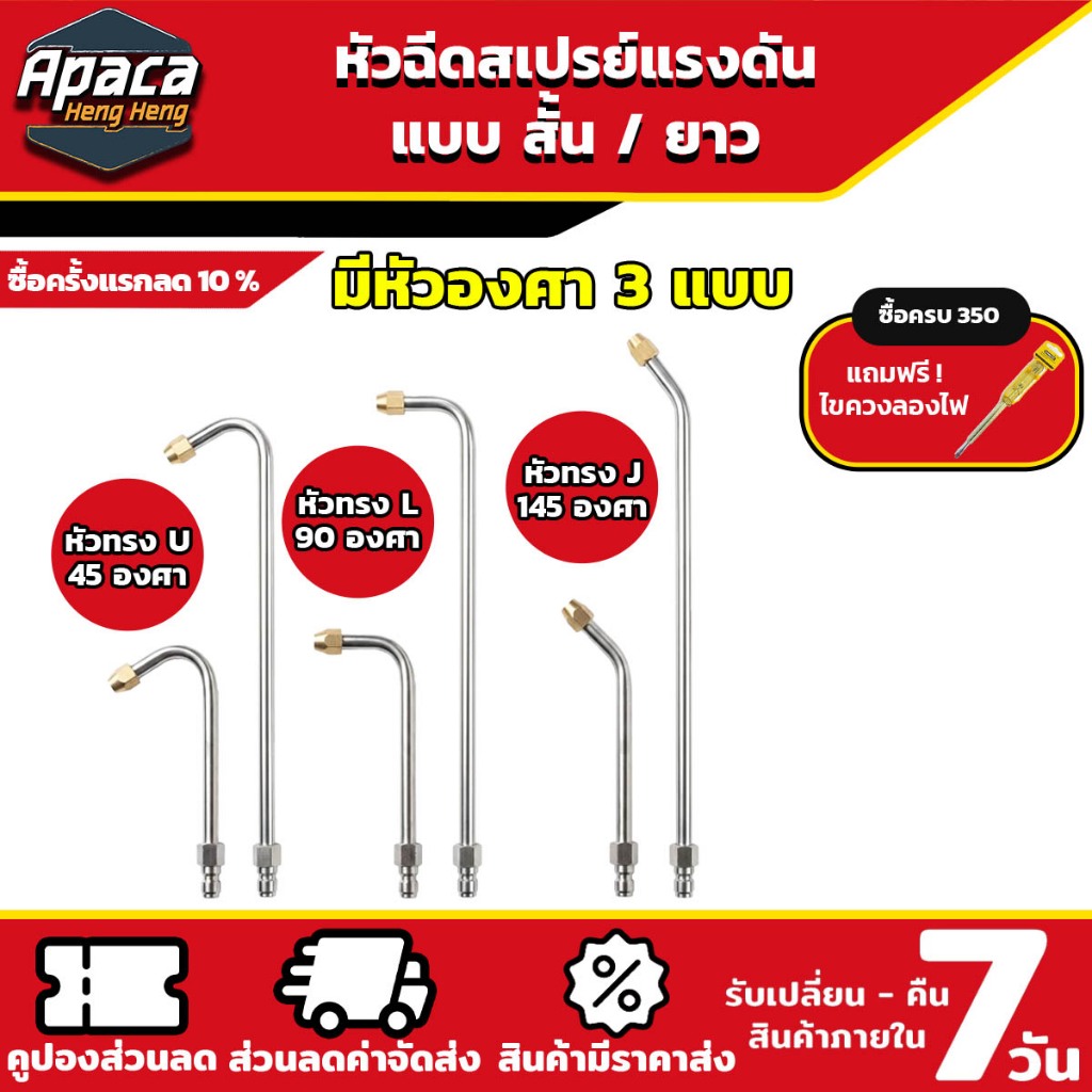 หัวฉีดน้ำ หัวสเปรย์ฉีดน้ํา แรงดันสูง แบบ หัว U 45 / หัว L 90 องศา / หัว J 145 องศา ขนาด สั้น / ยาว ก้านฉีดน้ำสแตนเลส