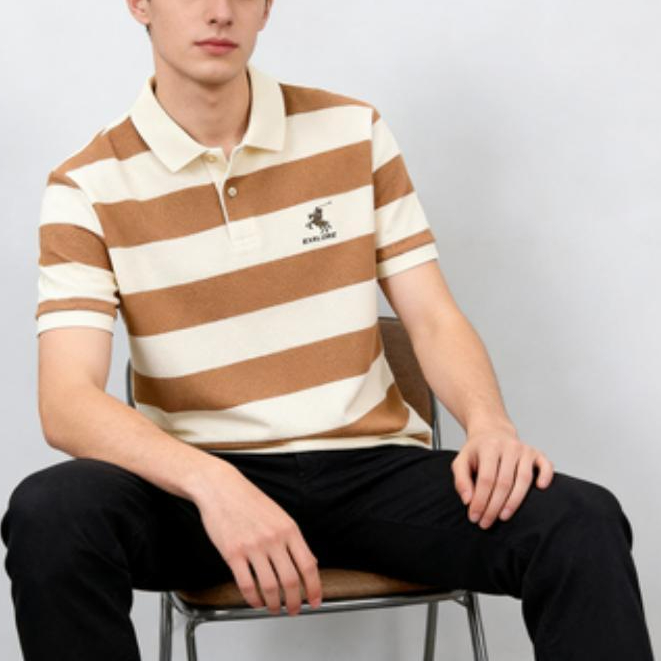 เสื้อโปโลสีขาวลายทางสำหรับผู้ชาย คอปกตั้ง สไตล์ลำลองแบบธุรกิจ เหมาะสำหรับสวมใส่ในชีวิตประจำวัน