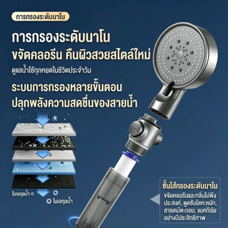 ชุดฝักบัวกรองน้ำแรงดันสูง 5 ระดับ พร้อมสายยาง 1.5 ม. และที่แขวน ไม่ต้องเจาะผนัง
