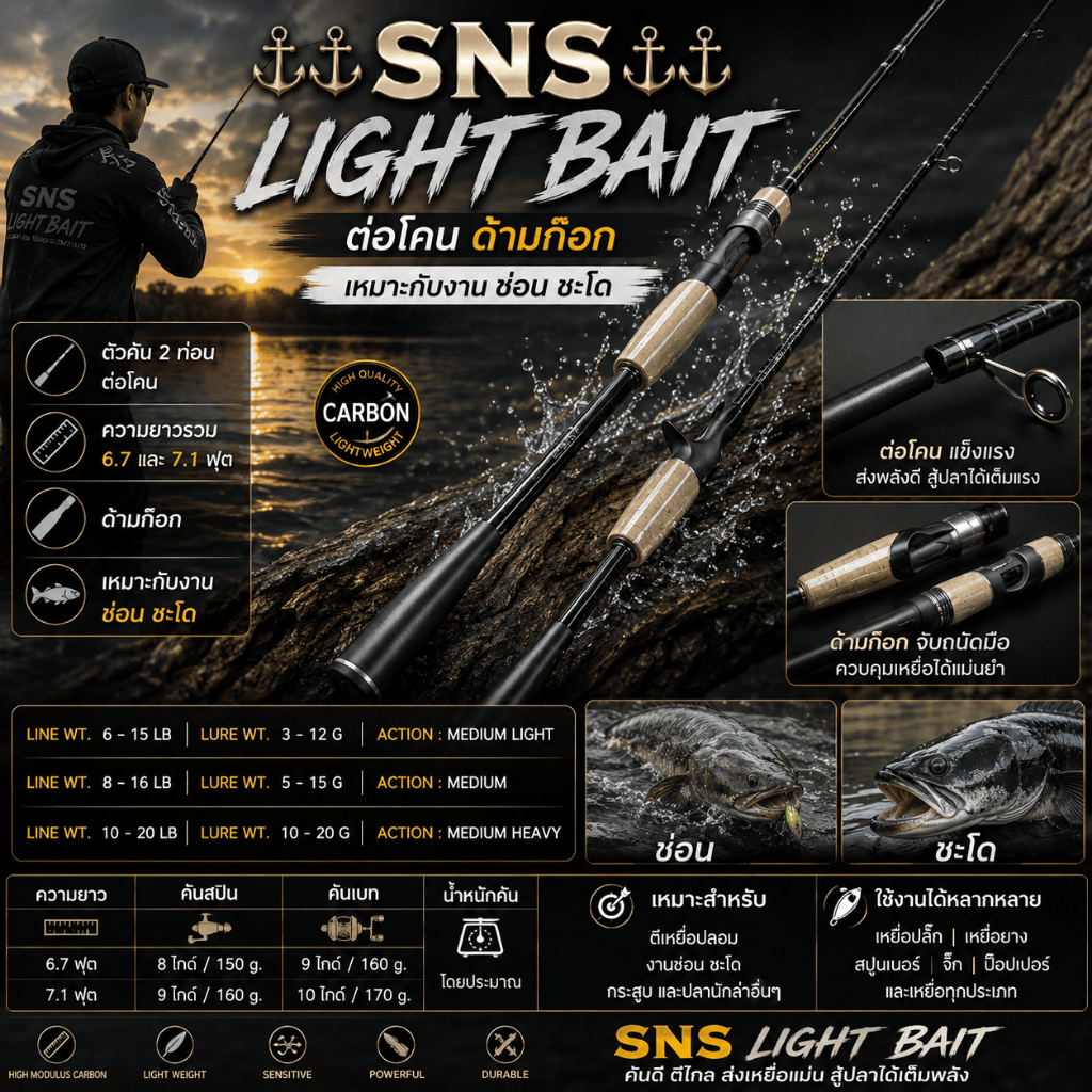 [ ของแท้ ]  คันตีเหยื่อปลอม ต่อโคน SNS LIGHT BAIT ไลท์ เบท ด้ามก๊อก เหมาะกับงานช่อน ชะโด